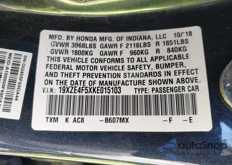 2019 Honda Insight Ex z USA, uszkodzony, nr VIN 19XZE4F5XKE015103